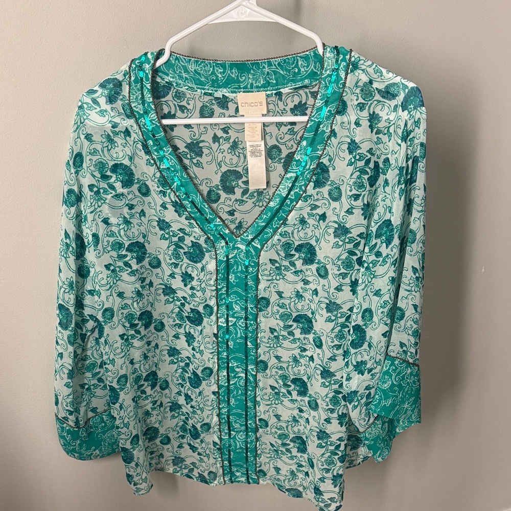 Chico's Green Floral Blouse